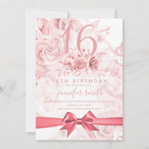 Invitation Sweet sixteen Floral Girl Rose or et rose pâle
