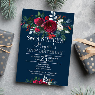 Invitation Sweet sixteen floral hivernal de la marine bordeau