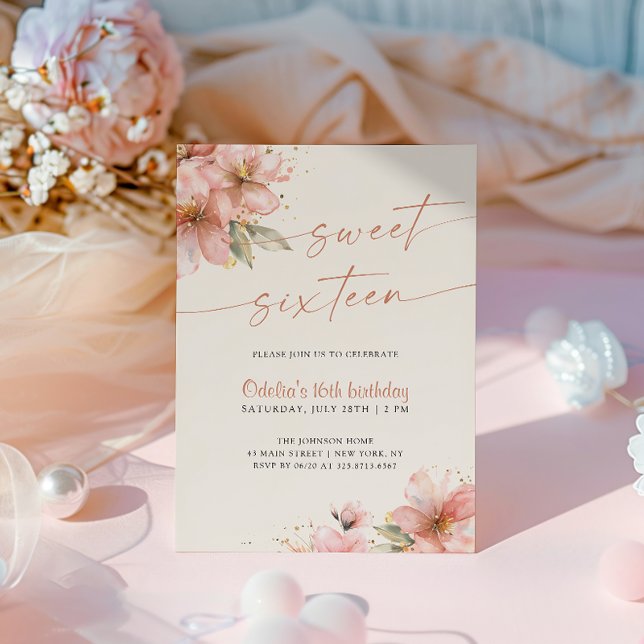 Invitation Sweet sixteen floral rose doux 16e anniversaire (Créateur téléchargé)