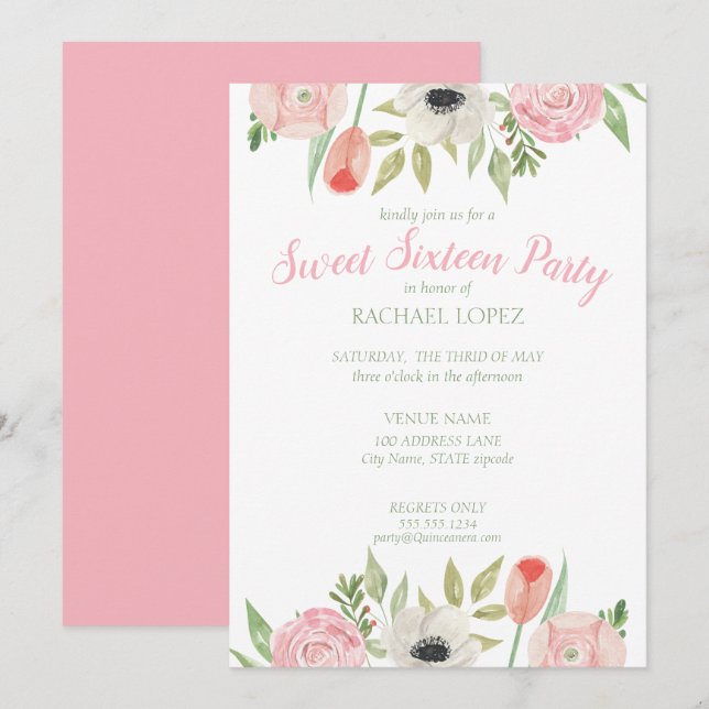 Invitation Sweet sixteen floral rose et blanc (Devant / Derrière)