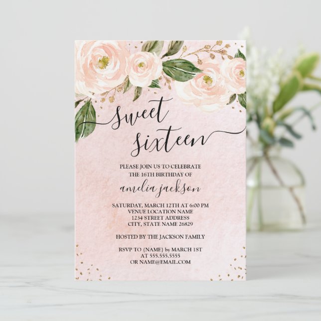 Invitation Sweet sixteen floral rose pâle (Debout devant)