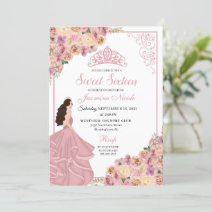 Invitation Sweet sixteen floral rose pâle à l'anniversaire