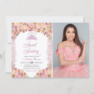 Invitation Sweet sixteen floral rose pâle à l'anniversaire