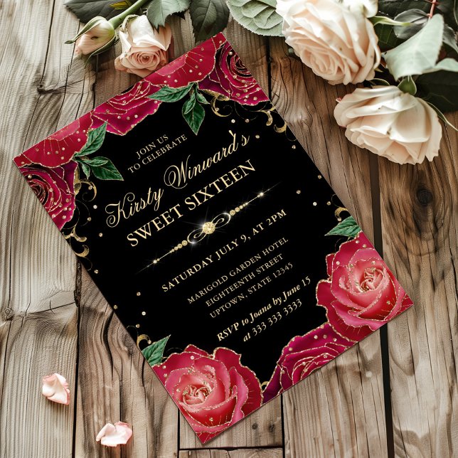 Invitation Sweet sixteen Floral Rose rouge et or (Créateur téléchargé)