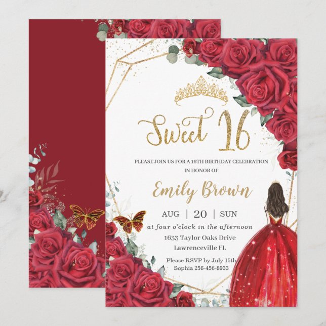 Invitation Sweet sixteen floral rouge Anniversaire Princesse  (Devant / Derrière)