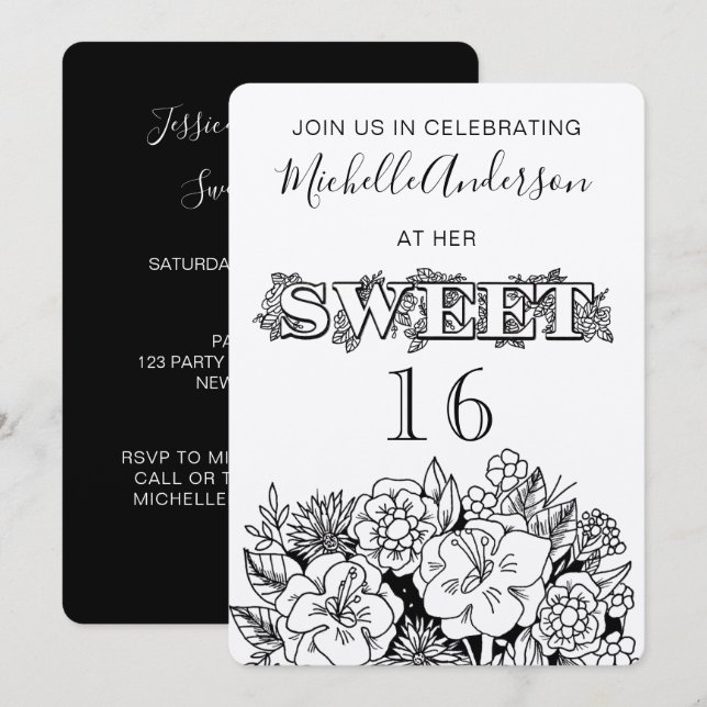 Invitation Sweet sixteen floral rustique (Devant / Derrière)
