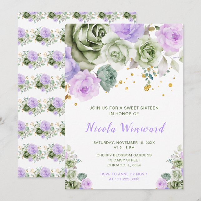 Invitation Sweet sixteen floral vert Sage et violet (Devant / Derrière)