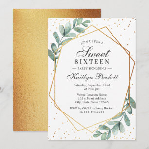 Invitation Sweet sixteen géométrique Eucalyptus Gold