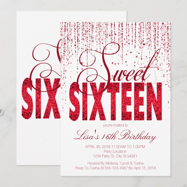 Invitation Sweet sixteen, Glam Red Parties scintillant Invita (Devant / Derrière)
