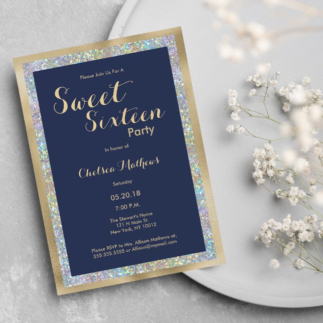 Invitation Sweet sixteen holographique en or bleu marine (Navy blue gold silver holographic Sweet Sixteen)