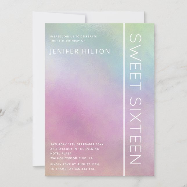 Invitation Sweet sixteen holographique simple (Devant)