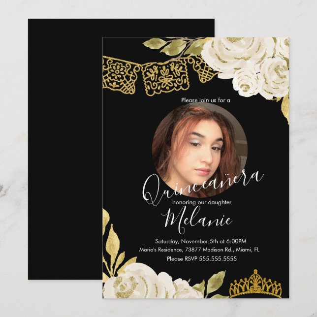 Invitation Sweet sixteen ivoire Parties scintillant Faux Flor (Devant / Derrière)