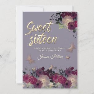 Invitation Sweet sixteen lilas du jardin fleuri papillon