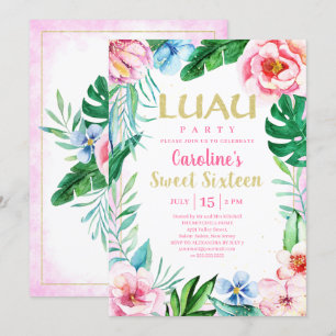 Invitation Sweet sixteen Luau Tropical Floral Pink Hawaiian