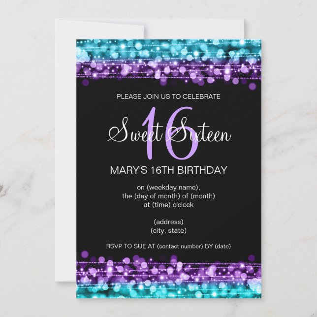 Invitation Sweet sixteen Lumières de fête Turquoise & violet (Devant)