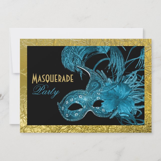 Invitation Sweet sixteen mascarade bleu, feuille d'or (Devant)