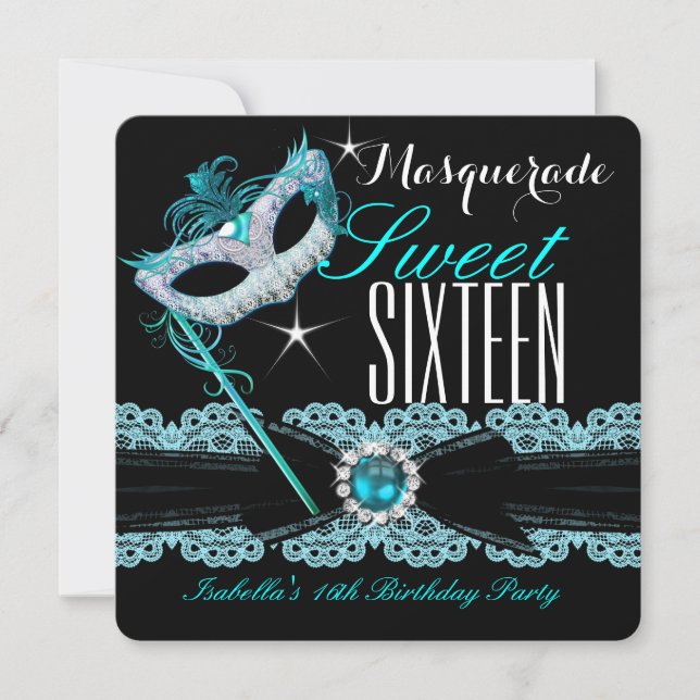 Invitation Sweet sixteen mascarade Sweet 16 Turquoise Bleu 2 (Devant)