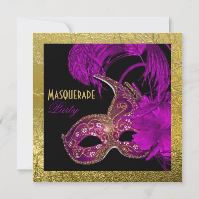 Invitation Sweet sixteen mascarade violet feuille d'or (Devant)