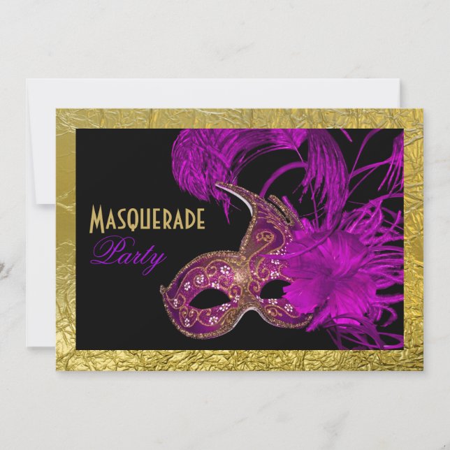 Invitation Sweet sixteen mascarade violet feuille d'or (Devant)