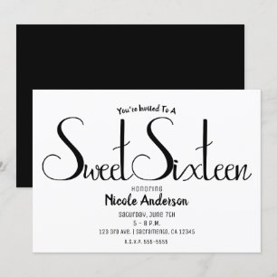 Invitation Sweet sixteen minimaliste moderne à script noir 16