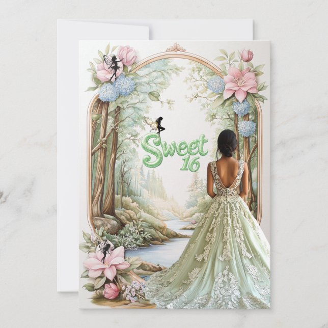 Invitation Sweet sixteen Mint Green Robe Fées (Devant)