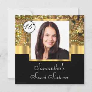 Invitation Sweet sixteen modèle photo noir et or