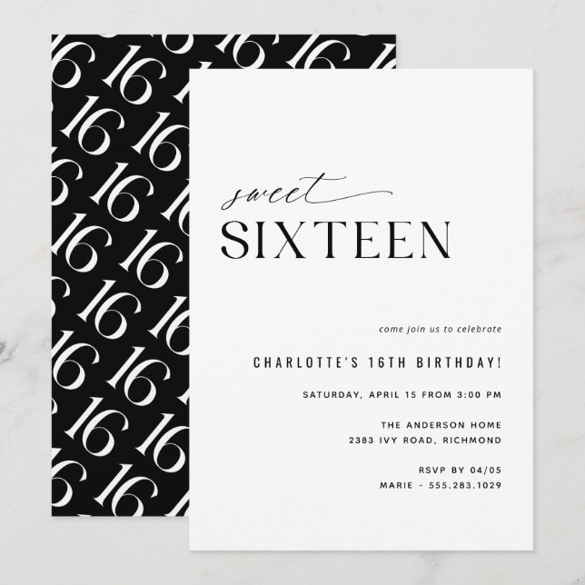 Invitation Sweet sixteen Moderne Noir et Blanc 16e anniversai (Devant / Derrière)