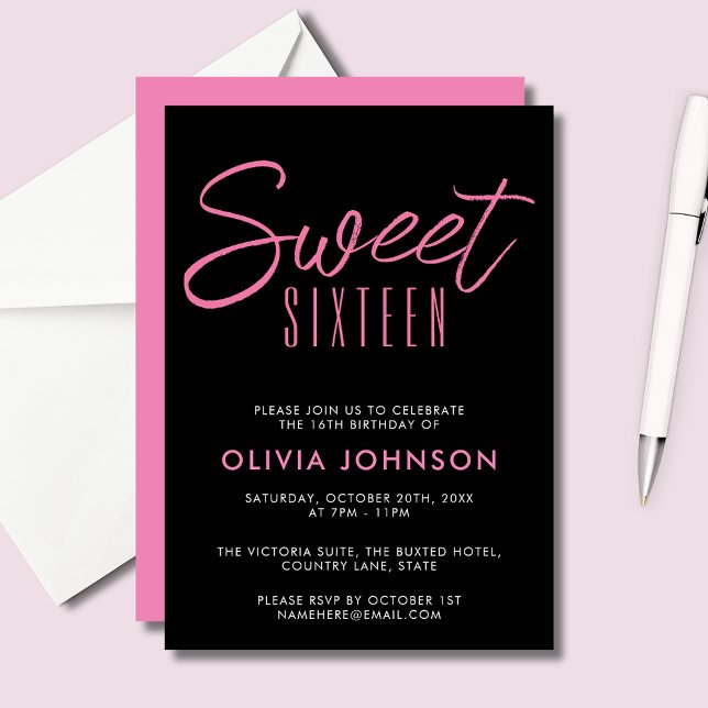 Invitation Sweet sixteen moderne rose et noir (Sweet Sixteen 16th Sixteenth girls birthday party
invitations in black and pink.  See full range.)