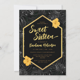 Invitation Sweet sixteen moderne Tropical Floral Black Gold