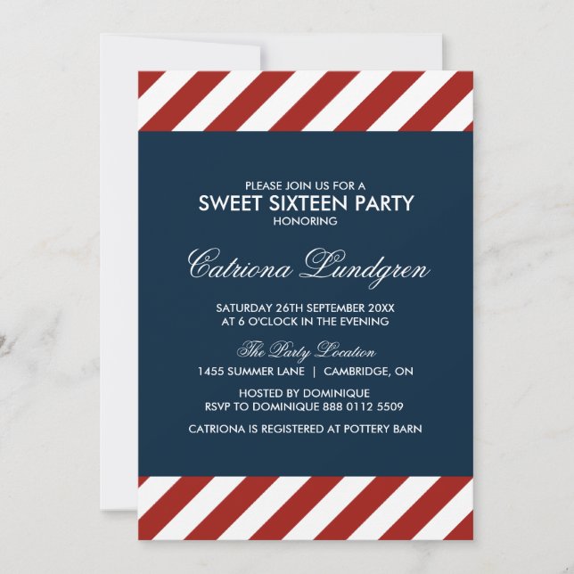Invitation Sweet sixteen nautique bleu et rouge (Devant)