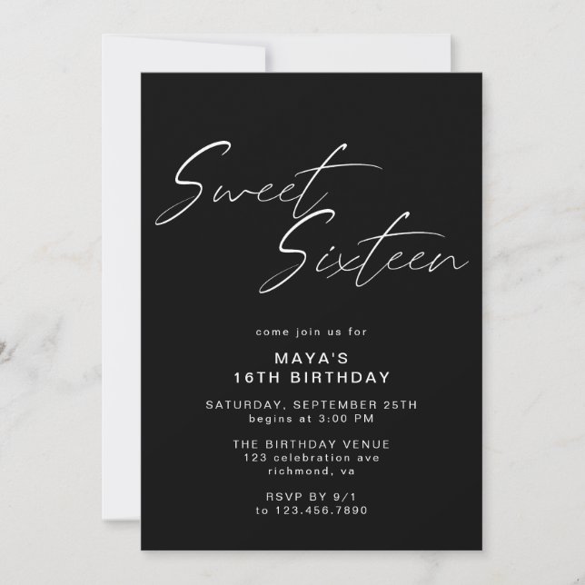 Invitation Sweet sixteen noir moderne Elégant 16ème anniversa (Devant)