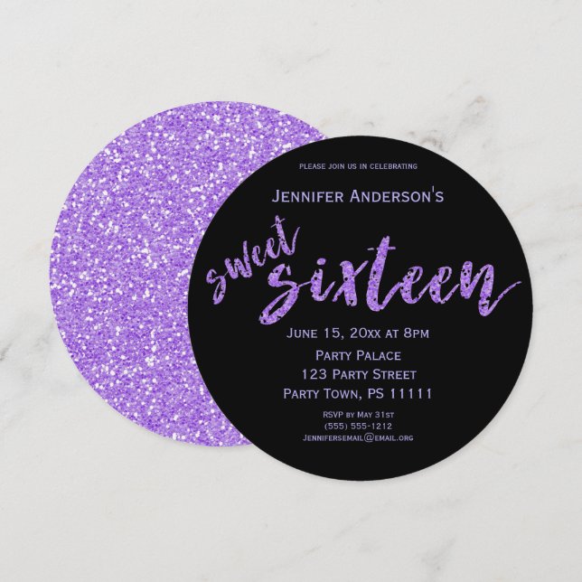 Invitation Sweet sixteen noir violet (Devant / Derrière)