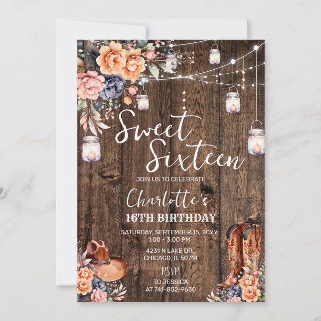 Invitation Sweet sixteen occidental rustique (Devant)