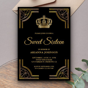 Invitation Sweet sixteen orné d'or noir vintage