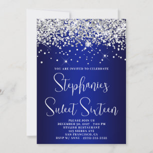 Invitation Sweet Sixteen Paillettes Argent Bleu Royal Nuit Dé