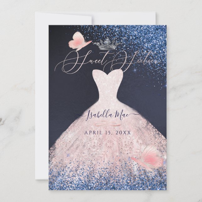 Invitation Sweet sixteen Papillon Brouille Parties scintillan (Devant)