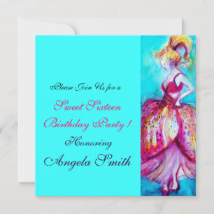 Invitation SWEET SIXTEEN PARTY rouge rose bleu turquase