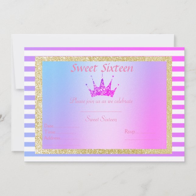 INVITATION SWEET SIXTEEN PASTEL STRIPE TIARA ANNIVERSAIRE OR (Devant)