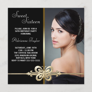 Invitation Sweet sixteen photo Black Gold Butterfly