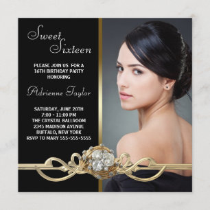 Invitation Sweet sixteen photo Black Gold Diamonds