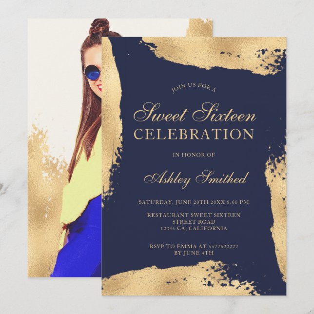 Invitation sweet sixteen photo de la marine à feuille métalli (Devant / Derrière)