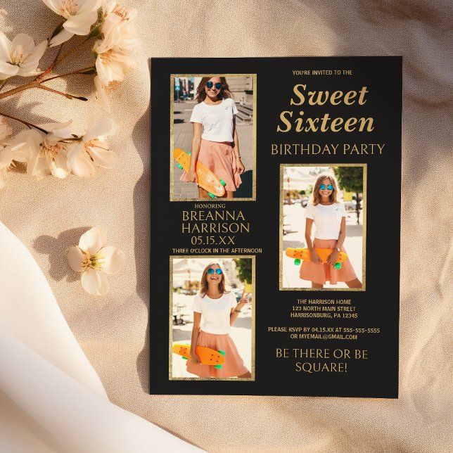 Invitation Sweet sixteen photo en or noir simple et élégant (Simple Elegant Black Gold Photo Sweet Sixteen)