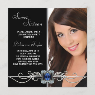 Invitation Sweet sixteen photo noir Diamond Argent