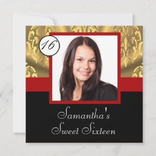Invitation Sweet sixteen photo rouge, noir et or