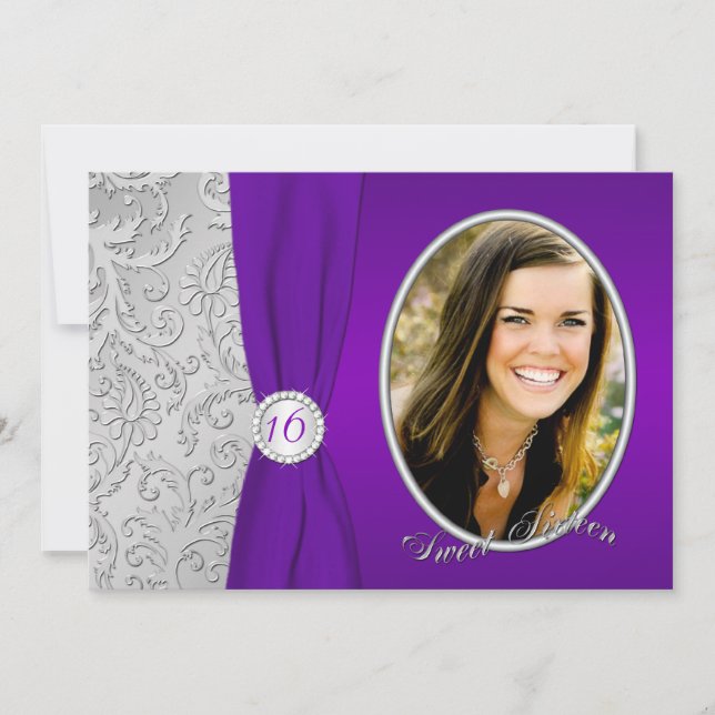Invitation Sweet sixteen photo violet et argent (Devant)
