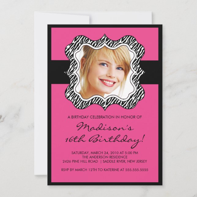 Invitation Sweet sixteen photo Zebra Frame - Anniversaire (Devant)