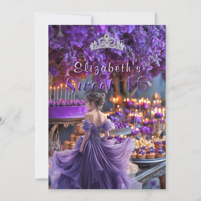 Invitation Sweet sixteen Robe violet Fleurs Gâteau (Devant)