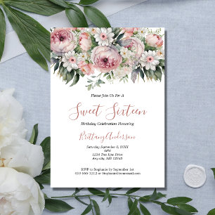 Invitation Sweet sixteen rose blanc floral 16 Anniversaire