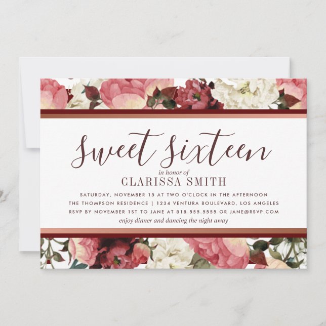 Invitation Sweet sixteen Rose des fleurs d'or et de Bourgogne (Devant)