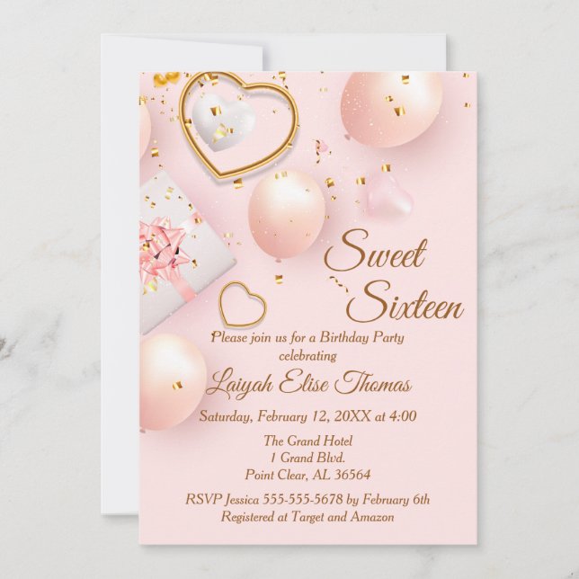 Invitation Sweet sixteen rose et or fête d'anniversaire (Devant)
